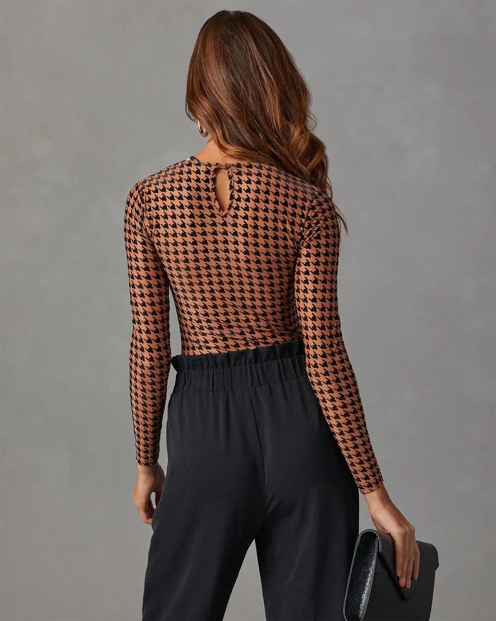 All The Craze Velvet Mesh Houndstooth Bodysuit