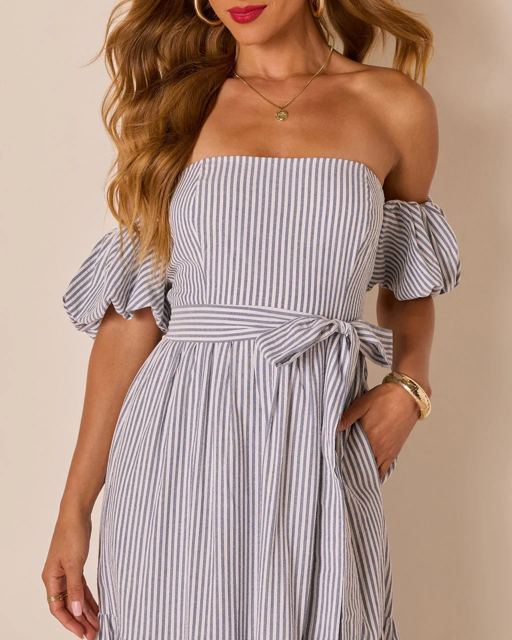 Annah Striped Off The Shoulder Maxi Dress