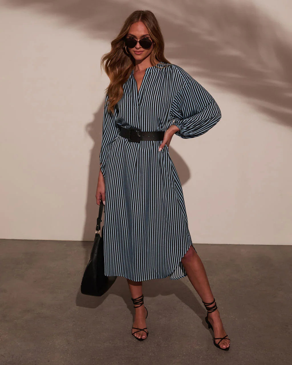 Dimarco Striped Pocketed Belted Midi Dress
