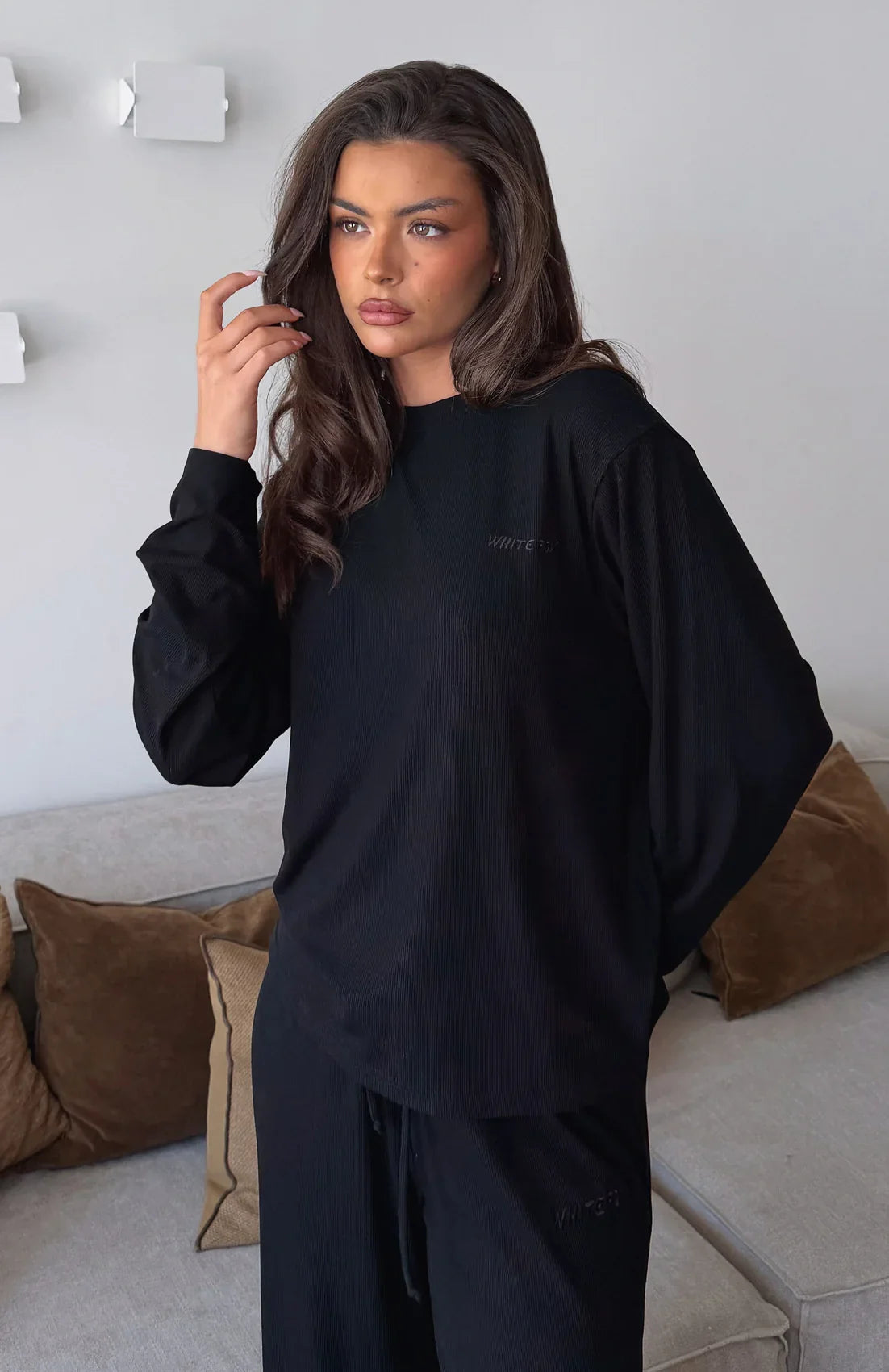 Come A Long Way Soft Lounge Long Sleeve Ribbed Tee Black
