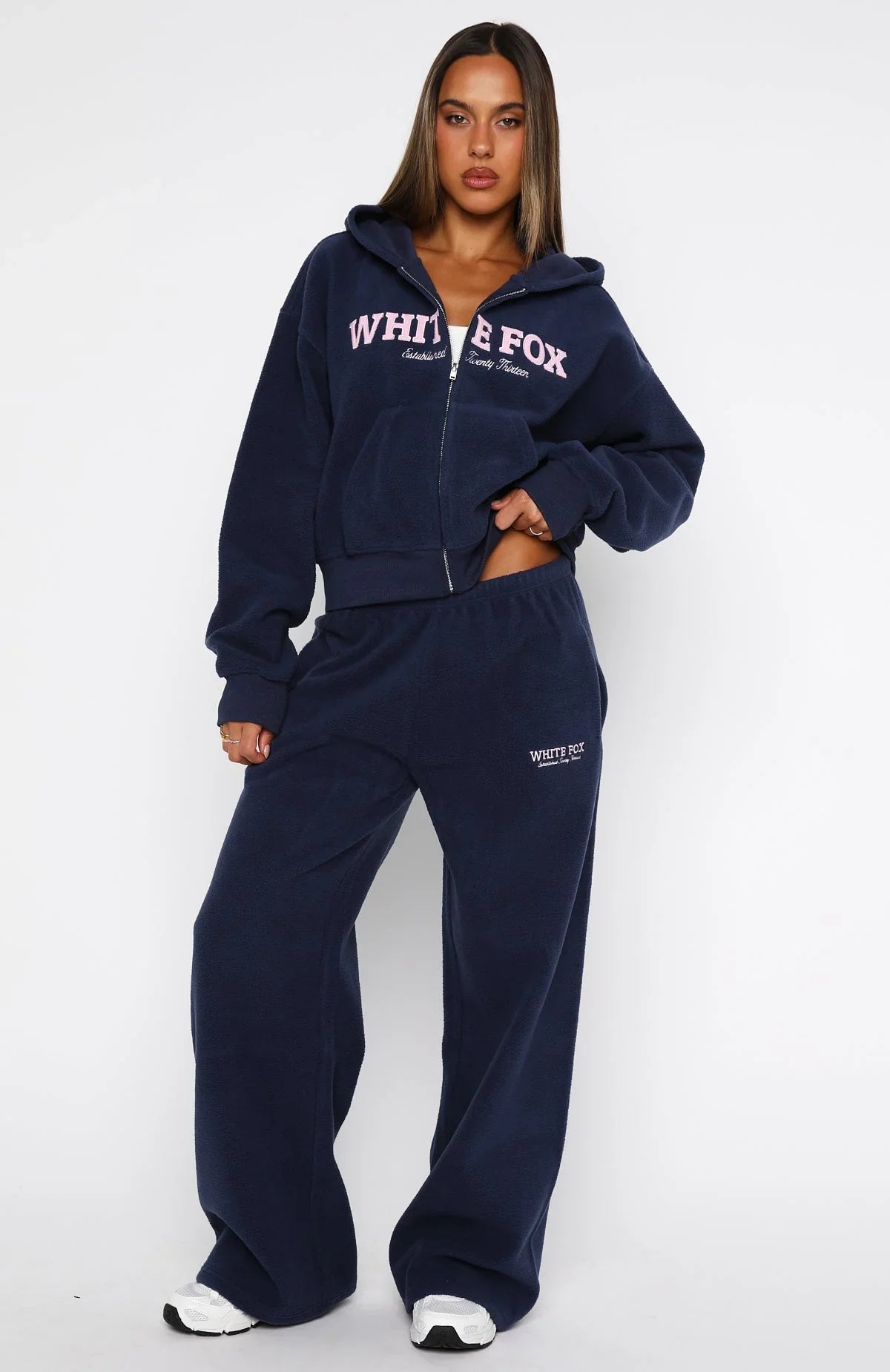 Just For Now Fleece Boxy Zip Front Hoodie Navy