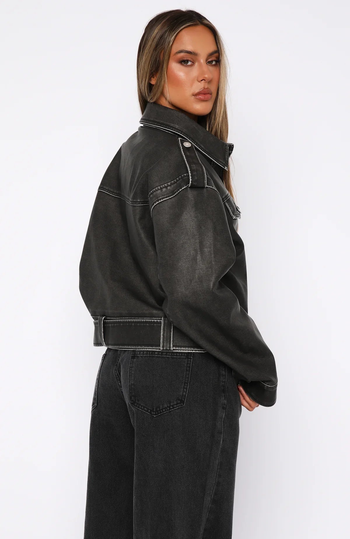 In This World PU Biker Jacket Charcoal Wash