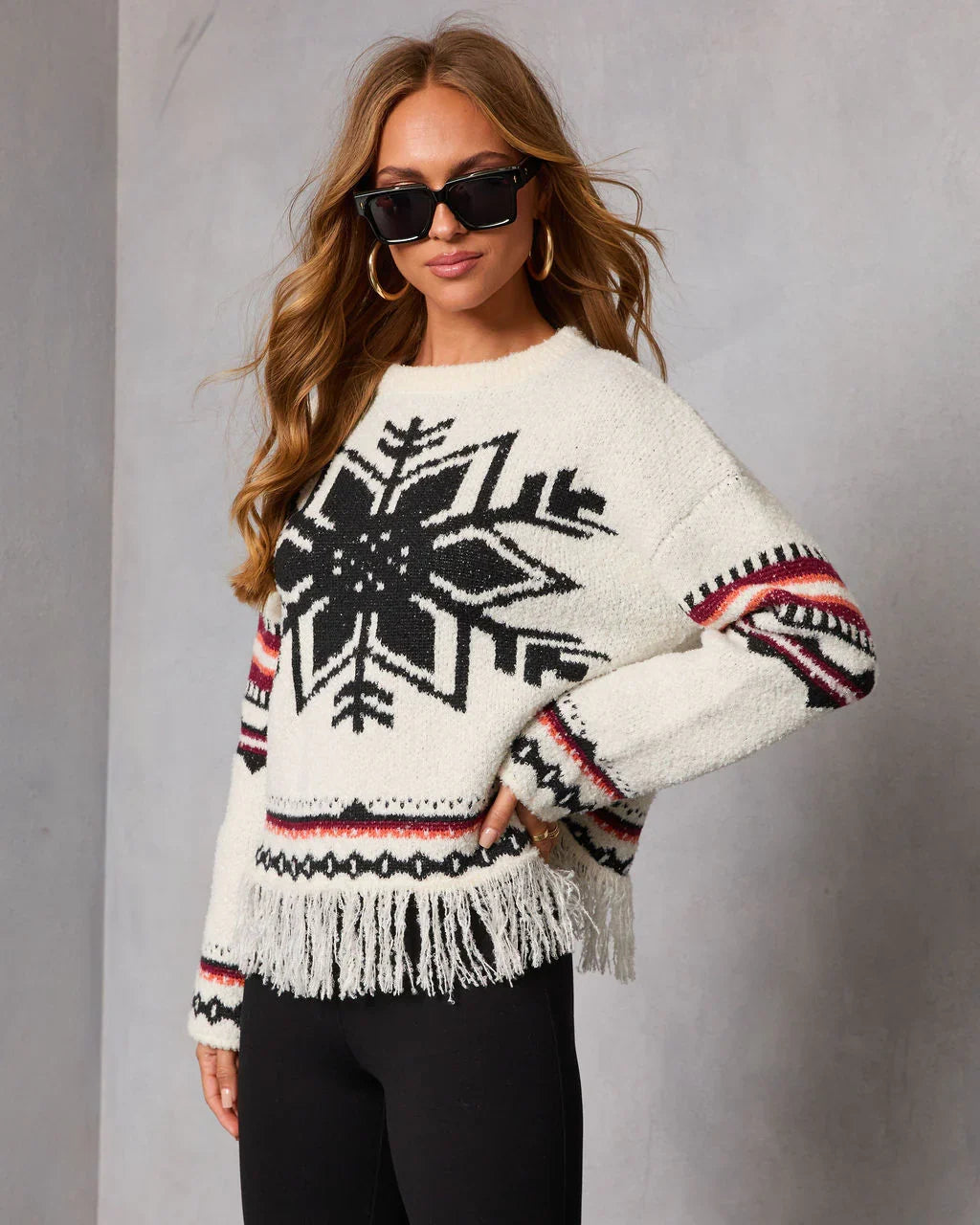 Dreval Fringe Snowflake Fair Isle Sweater