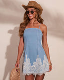 Honey Sunset Chambray Lace Trim Mini Dress