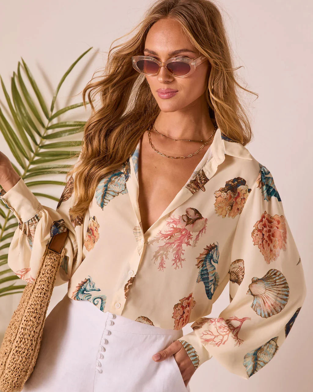 Ocean Whisper Sea Life Print Button Up Top