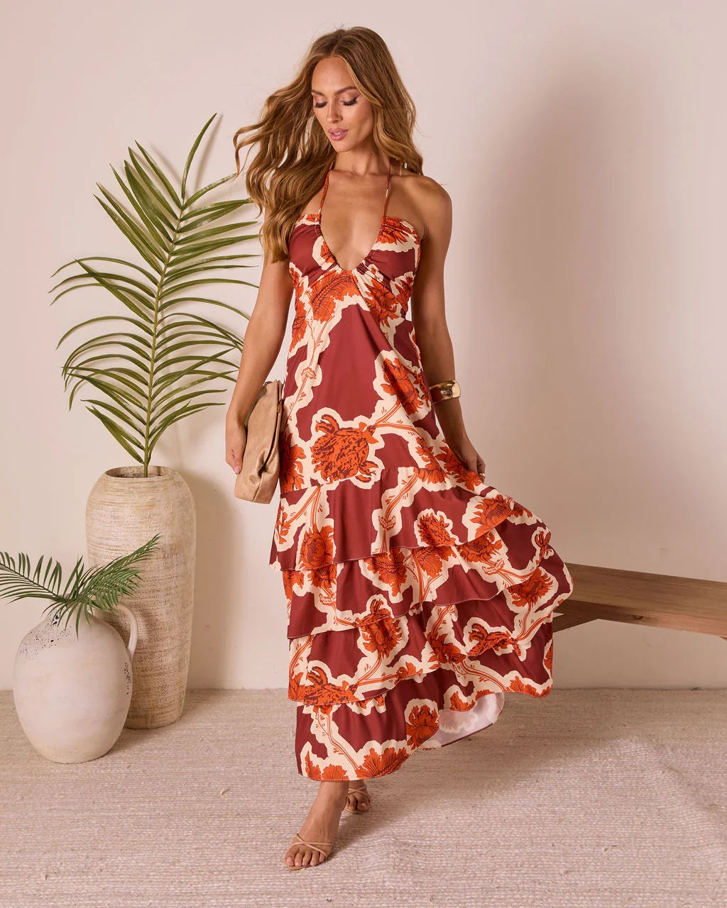 Tropical Tide Abstract Halter Maxi Dress