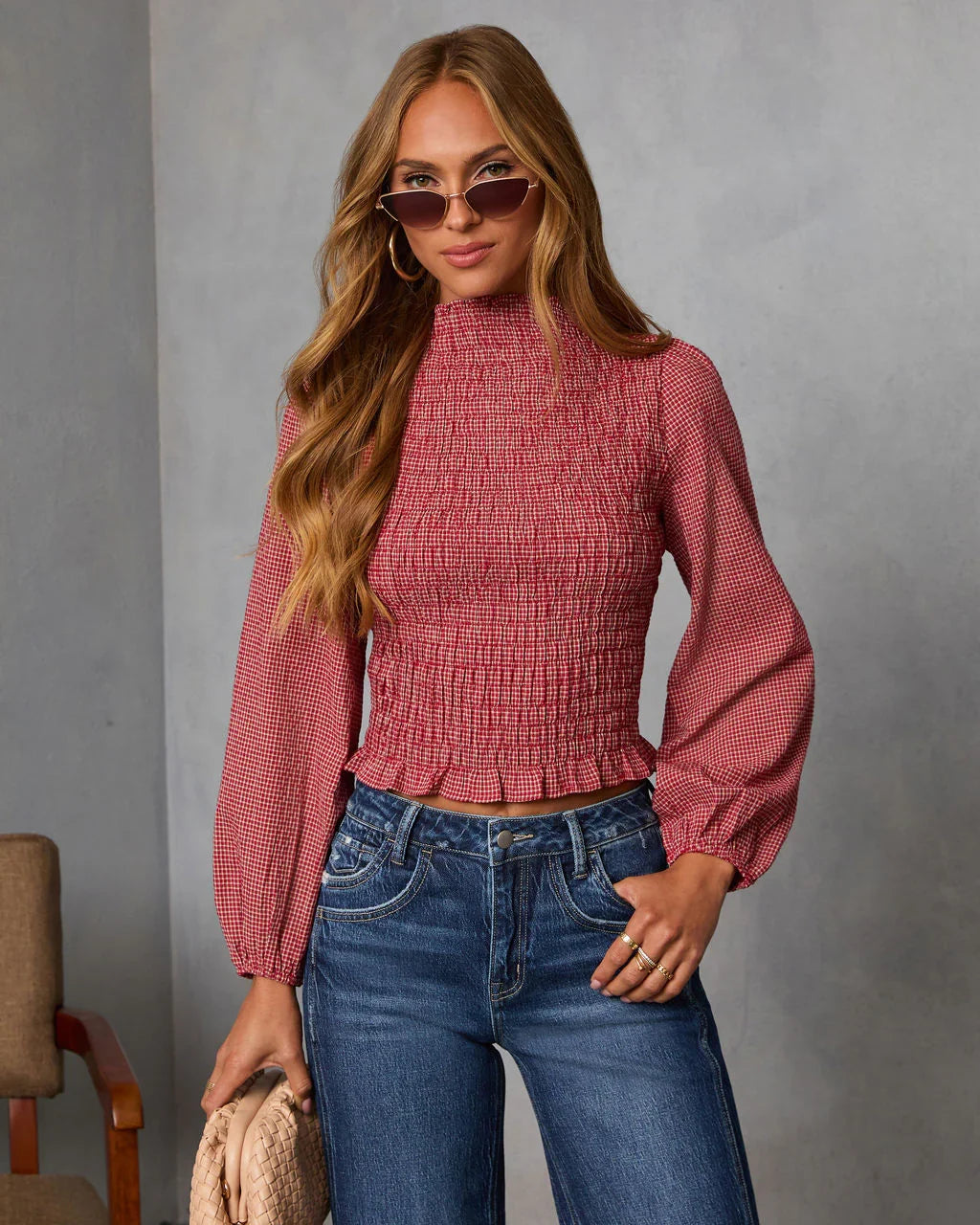 Emberlin Smocked Mock Neck Top