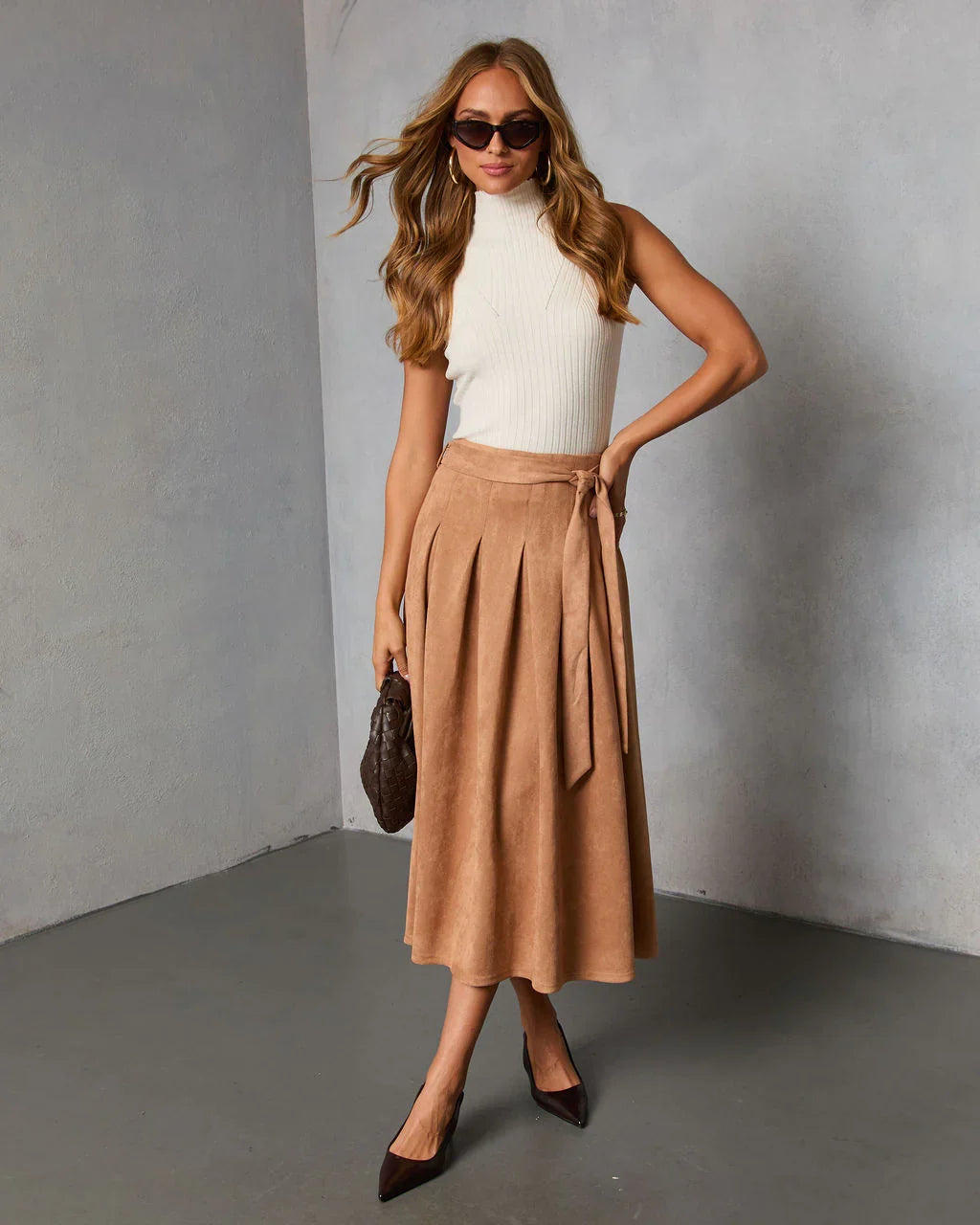 Table Ready Suede Waist Tie Pleated Midi Skirt