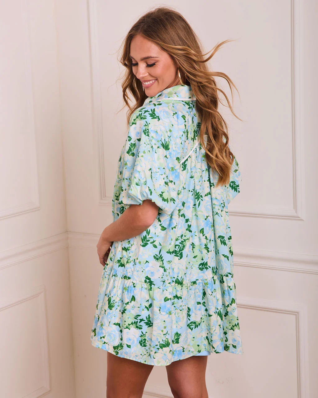 Dew Petal Printed Pleated Mini Shirt Dress