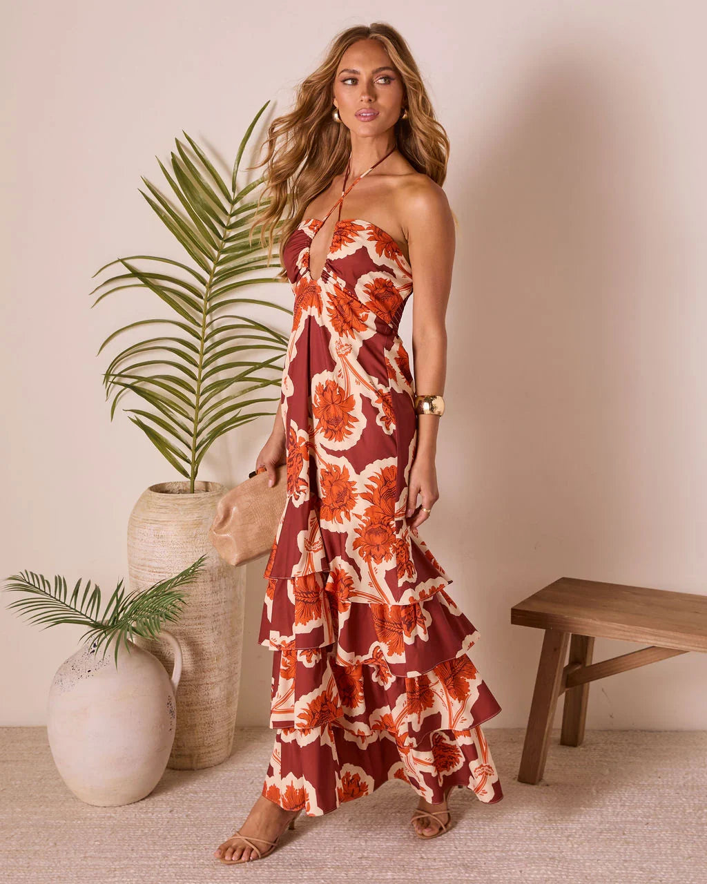 Tropical Tide Abstract Halter Maxi Dress
