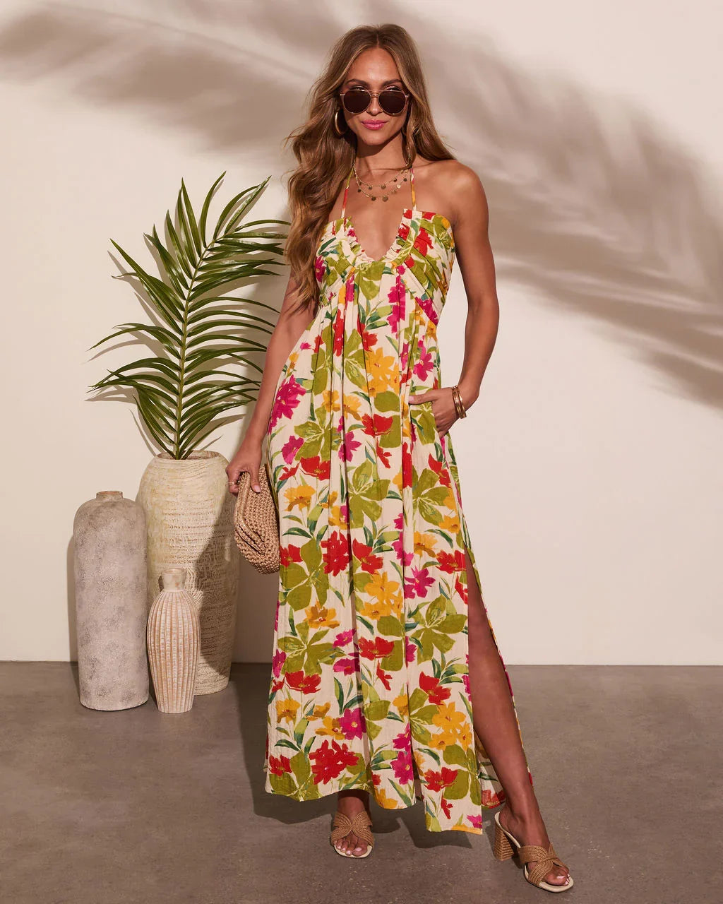 Honolulu Halter Tropical Print Maxi Dress