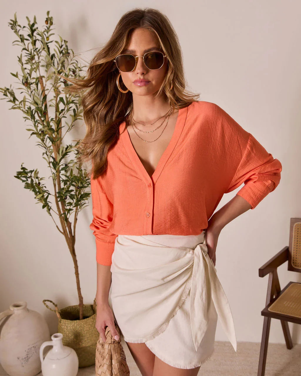 House Of Sun Satin Button Up Top