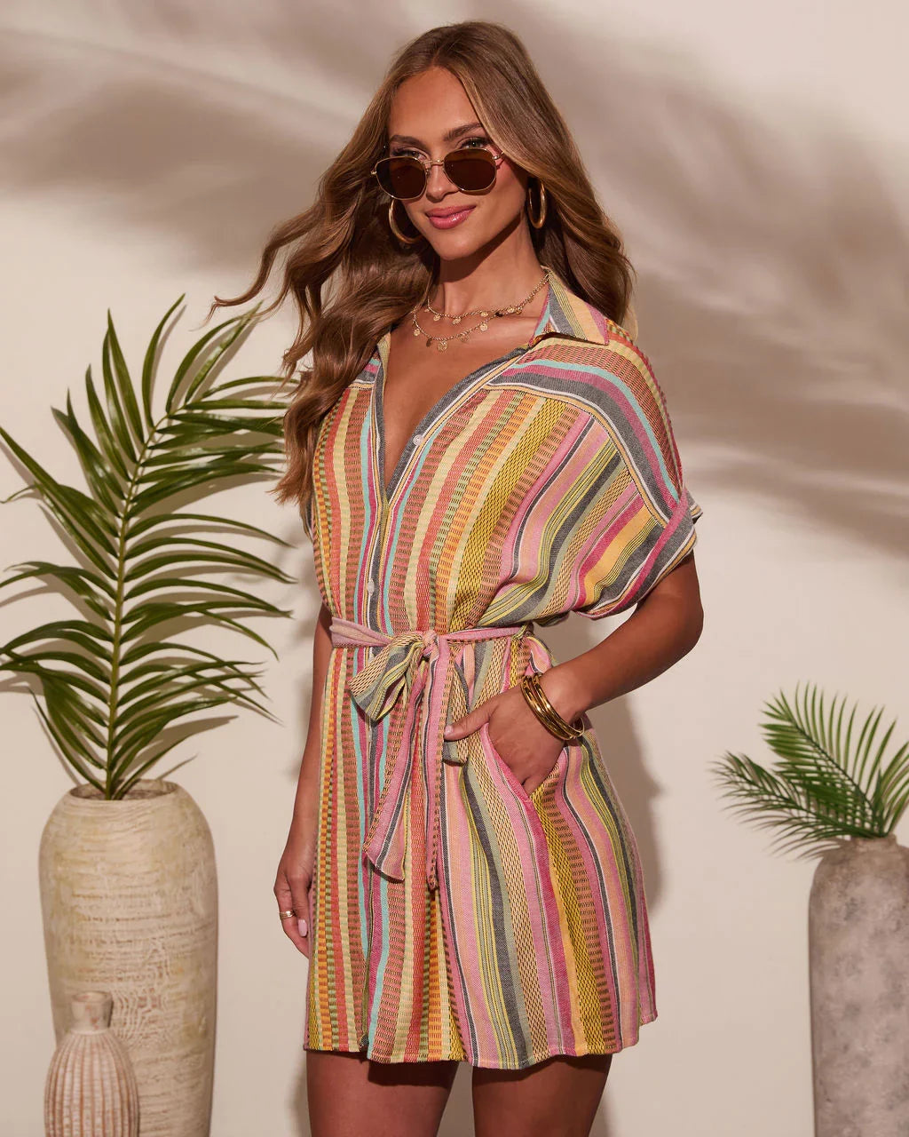 Sunshade Waist Tie Mini Shirt Dress