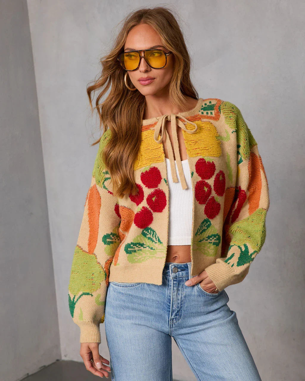 Fresh Picks Graphic Front Tie Sweater