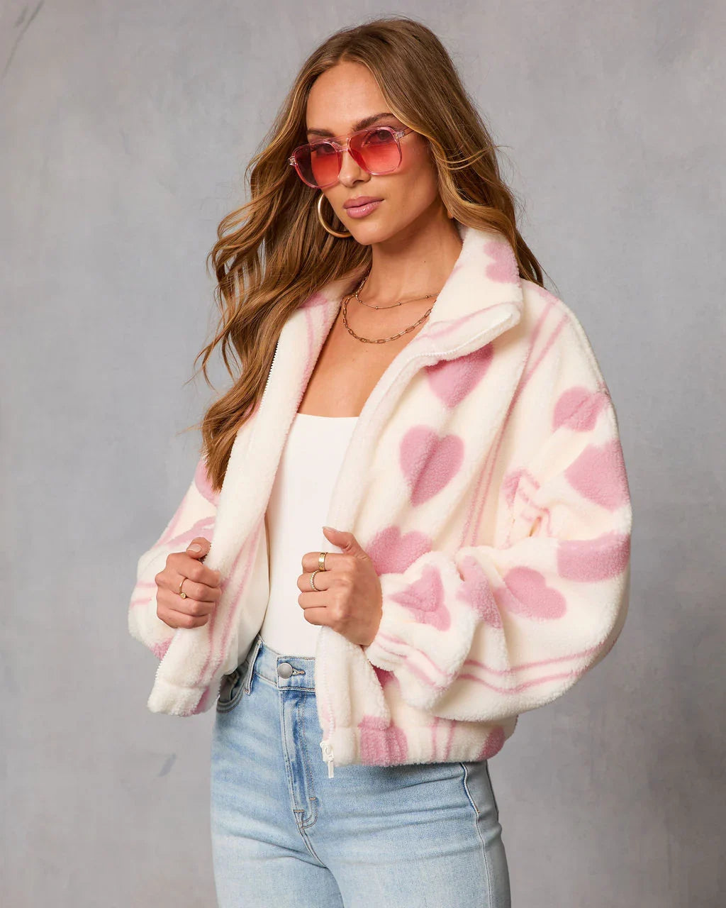Love All Over Sherpa Heart Print Jacket