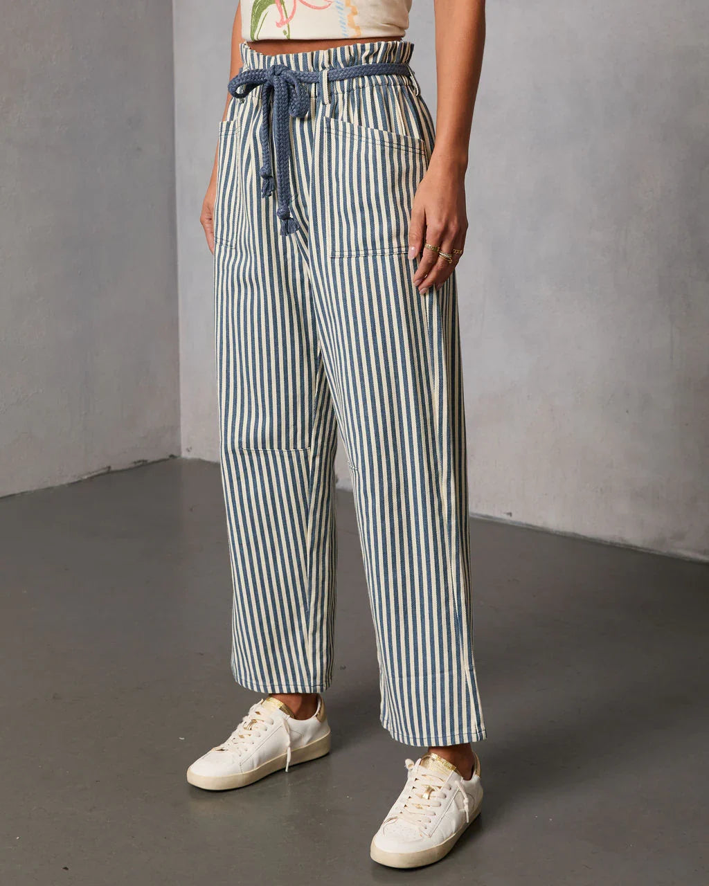 Duah Rigid Straight Leg Pinstripe Waist Tie Jeans