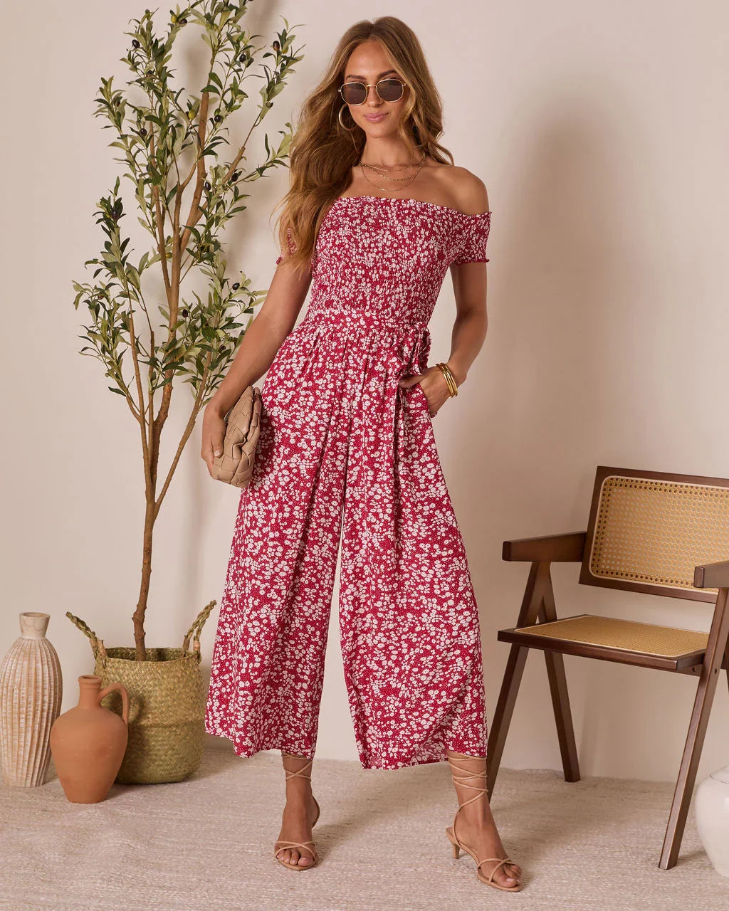 Dawna Off The Shoulder Waist Tie Jumpsuit