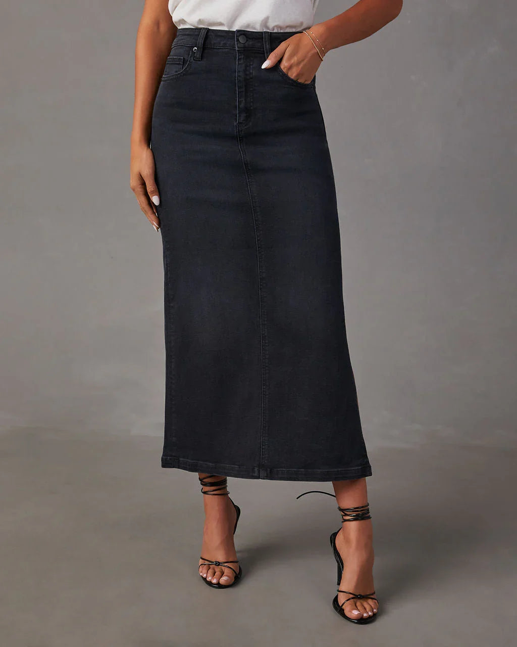 Chic Side Slit Denim Midi Skirt
