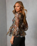 Mulled Rose Organza Printed Peplum Blouse