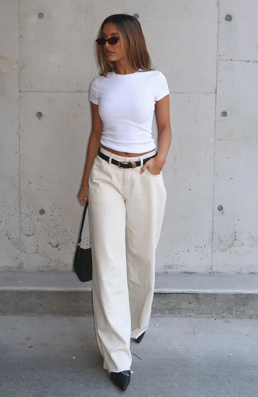 Summer Mid Rise Wide Leg Jeans Cream