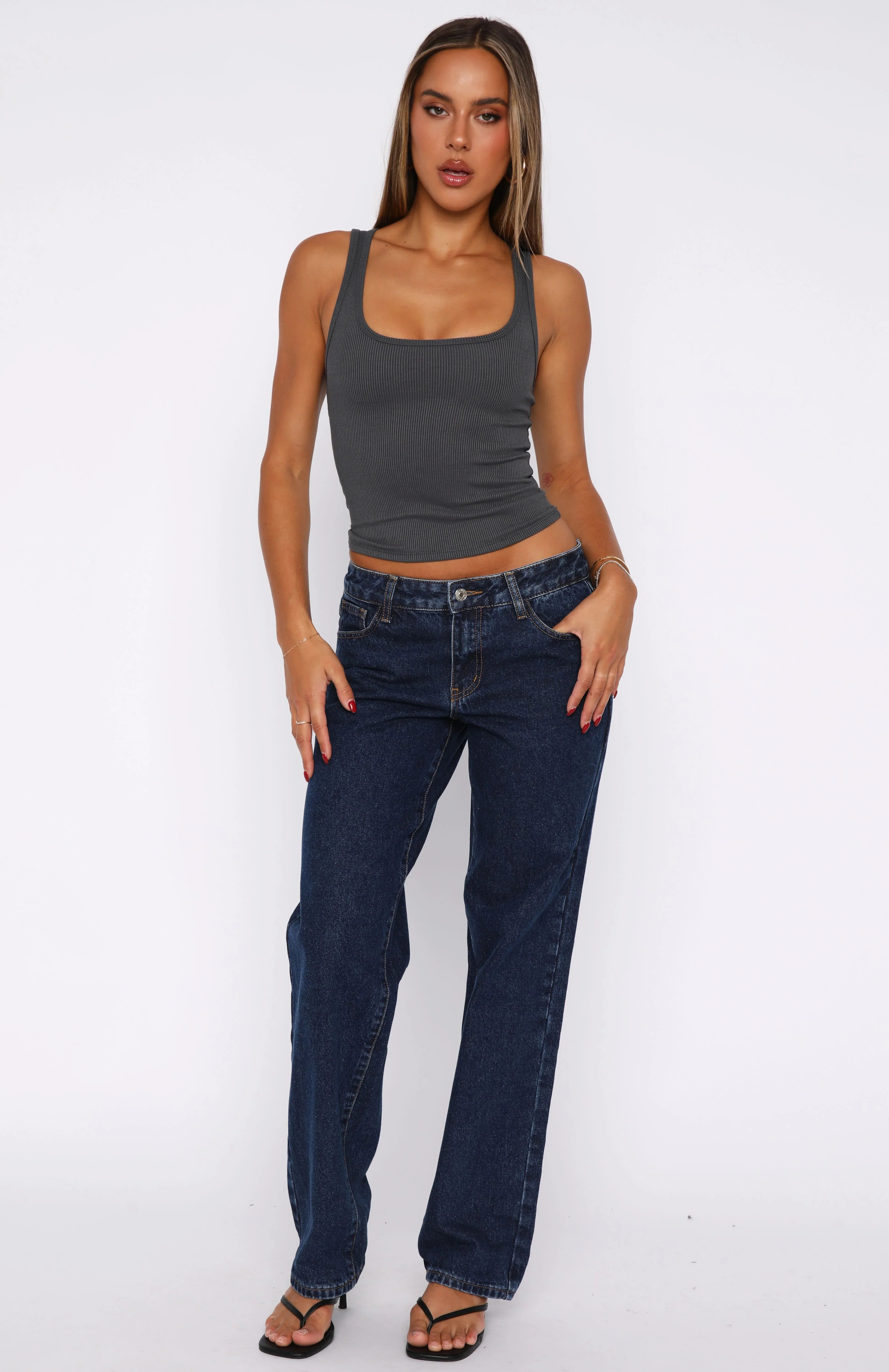 Zara Low Rise Straight Leg Jeans Dark Blue