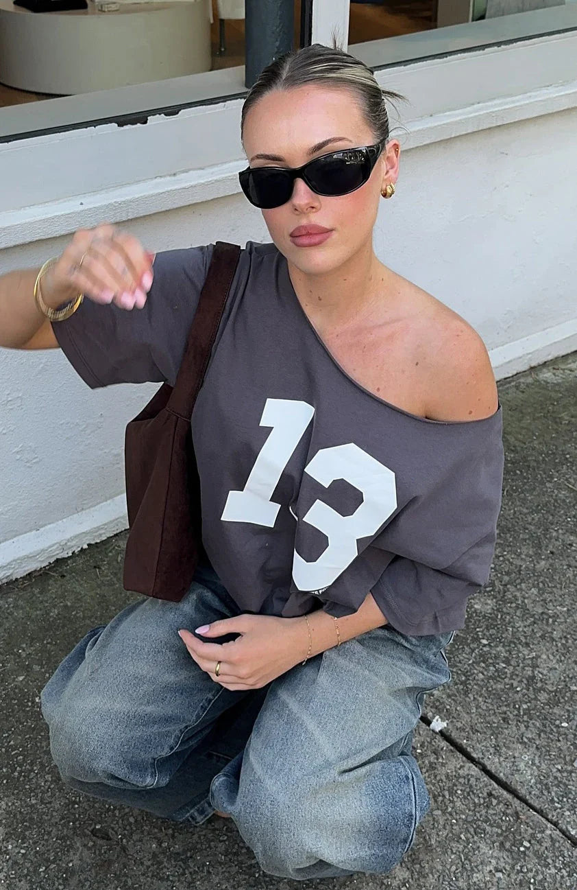 Trial Run Off Shoulder Oversized Tee Volcanic