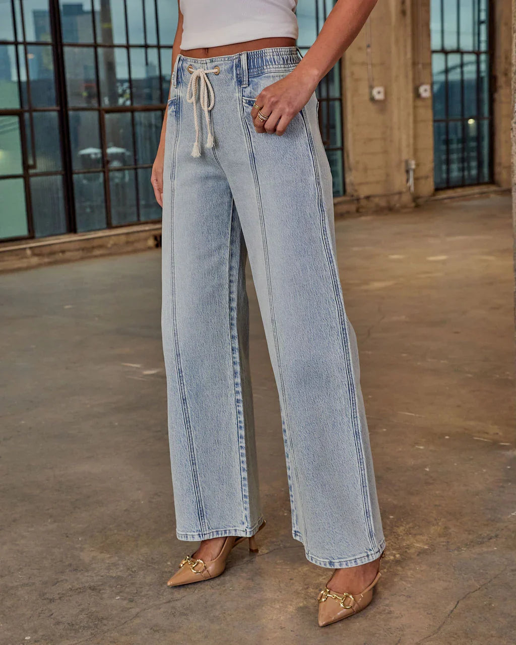 Berner Stretch High Rise Wide Leg Drawstring Pintuck Jeans