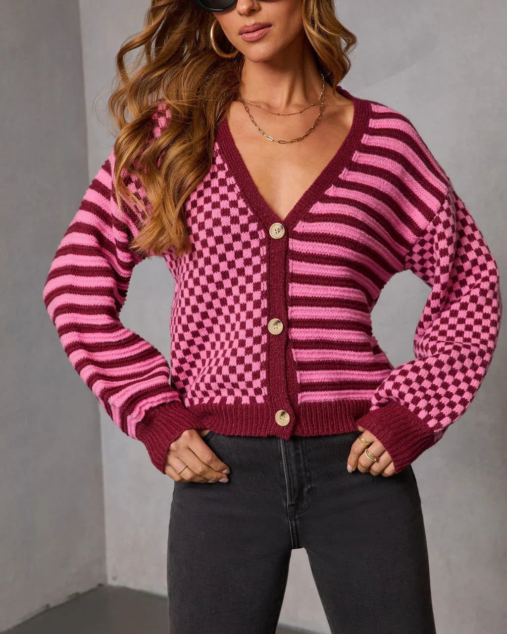 Soft Routine Checkered Striped Cardigan