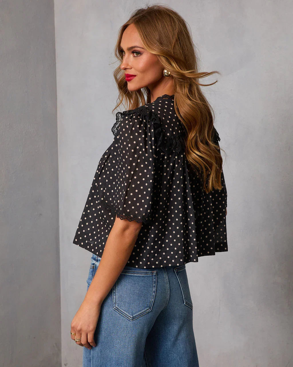 Darling Spark Polka Dot Lace Trim Blouse