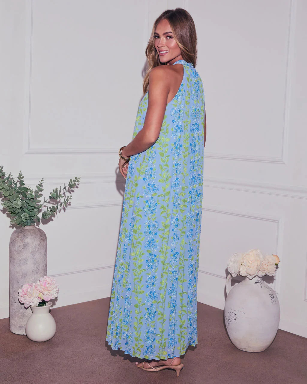 Vaughn Floral Pleated Halter Maxi Dress