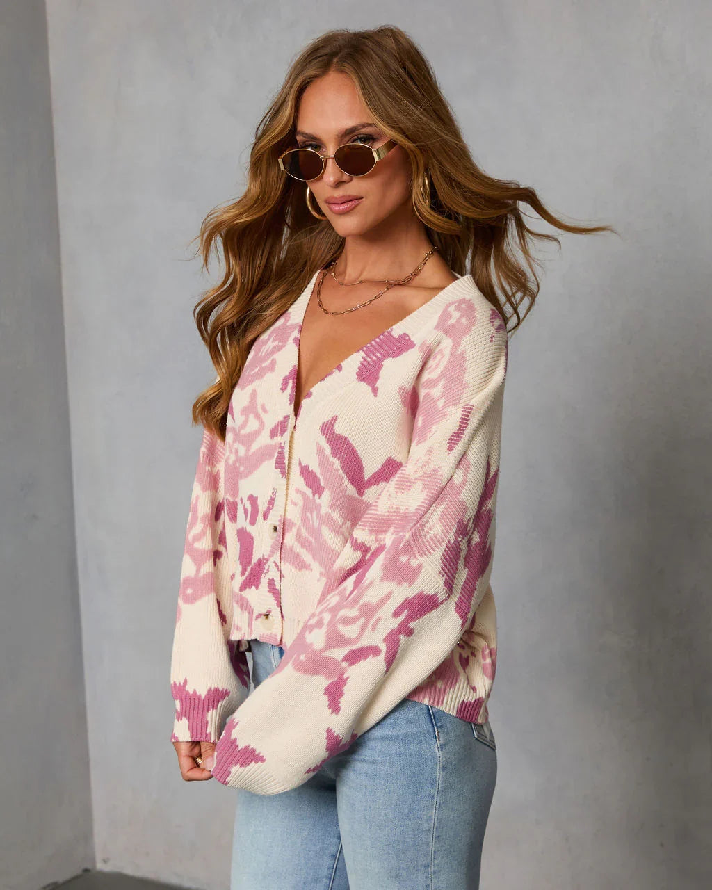Honeyed Timber Knit Printed Cardigan