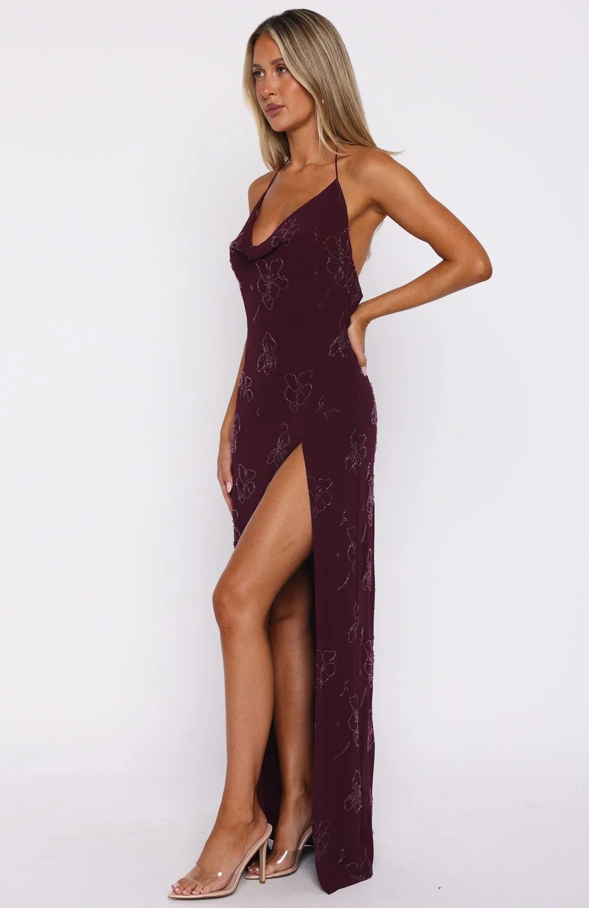 Slow Dancer Beaded Maxi Dress Deep Plum