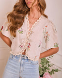 Bloom Break Embroidered Floral Tie Front Top