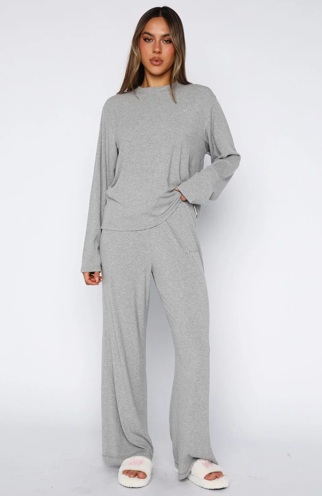 Come A Long Way Soft Lounge Ribbed Wide Leg Pants Grey Marle