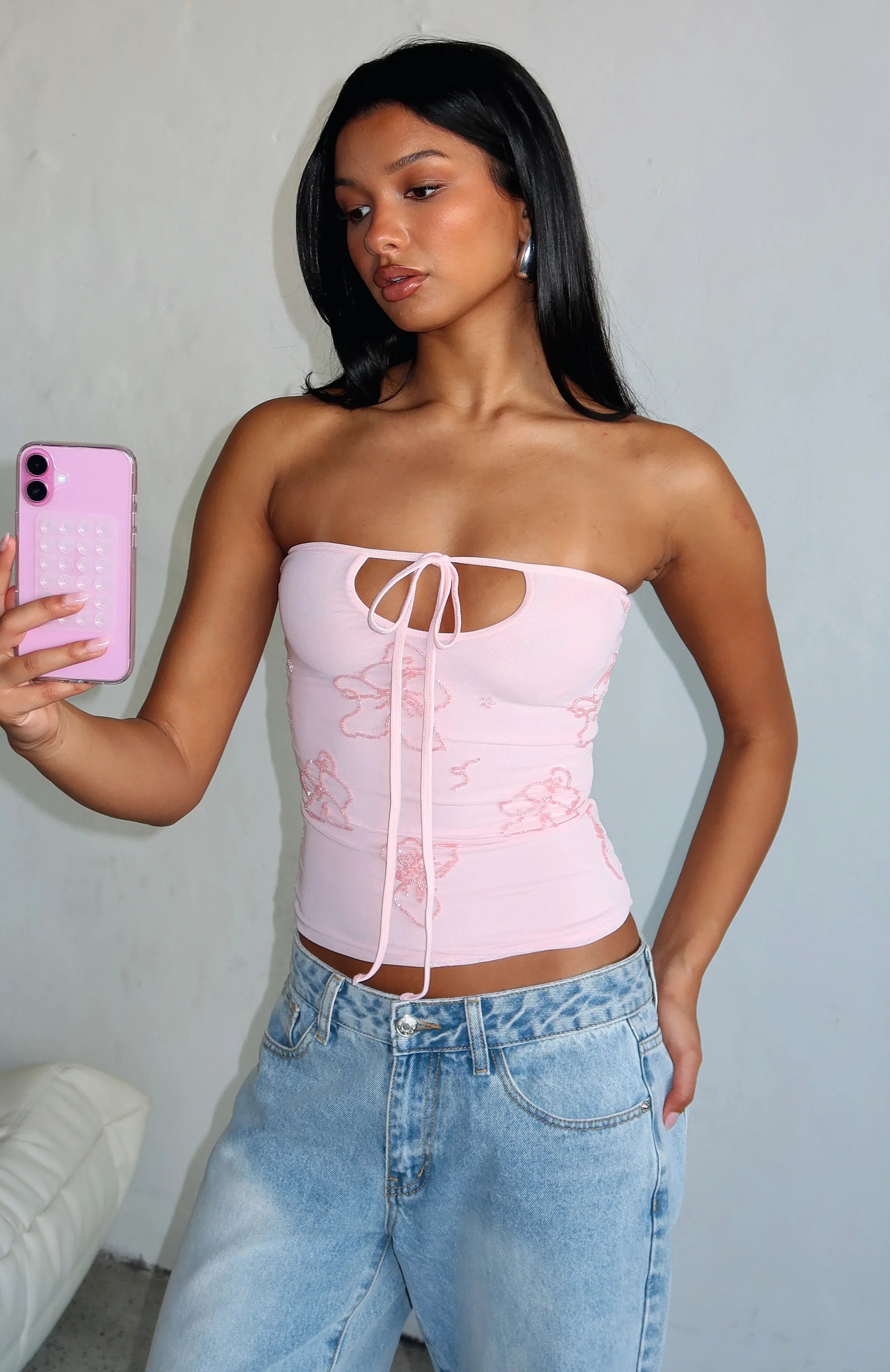 Glow Season Beaded Strapless Top Baby Pink