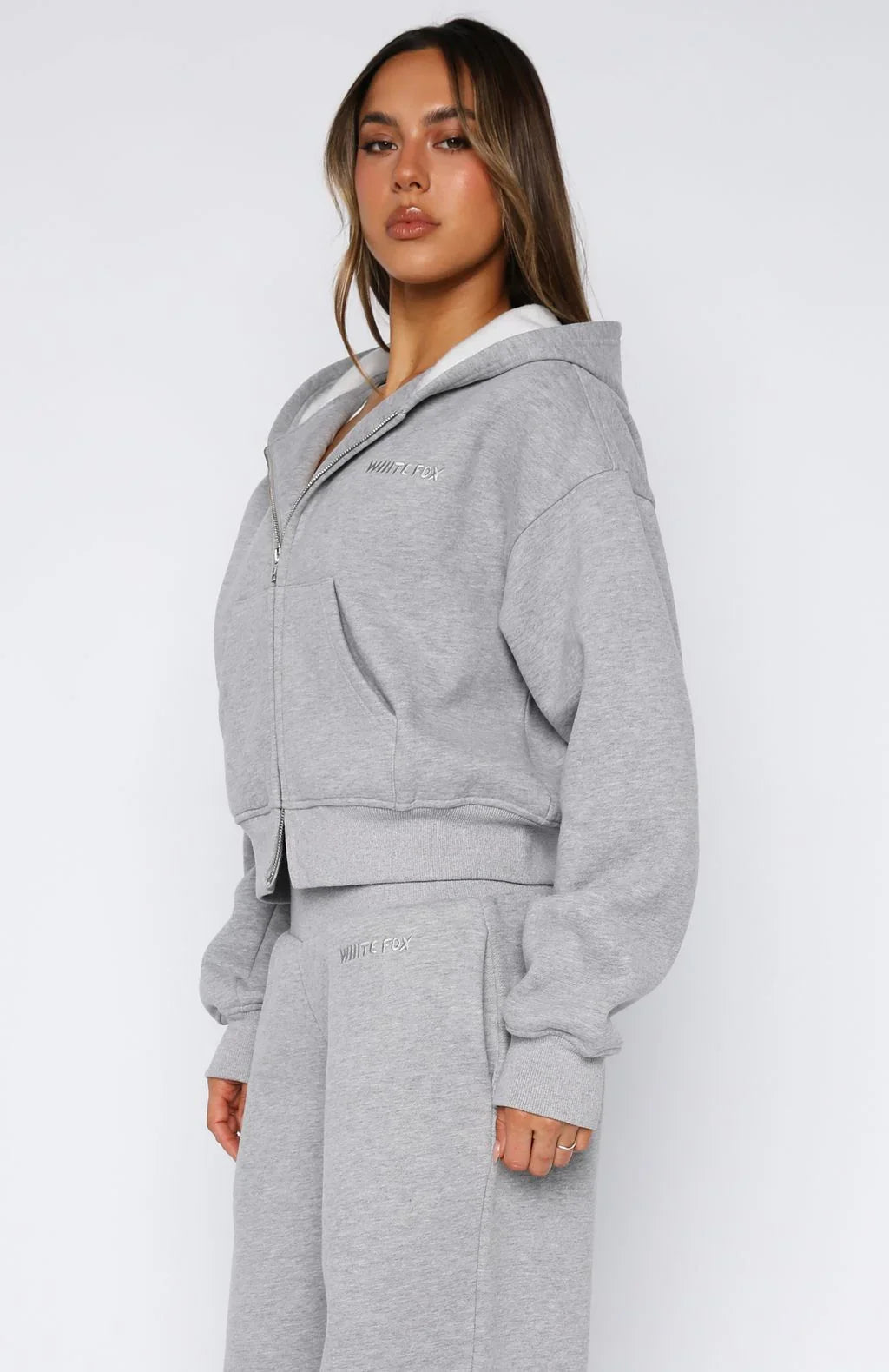 Come A Long Way Boxy Zip Front Hoodie Grey Marle