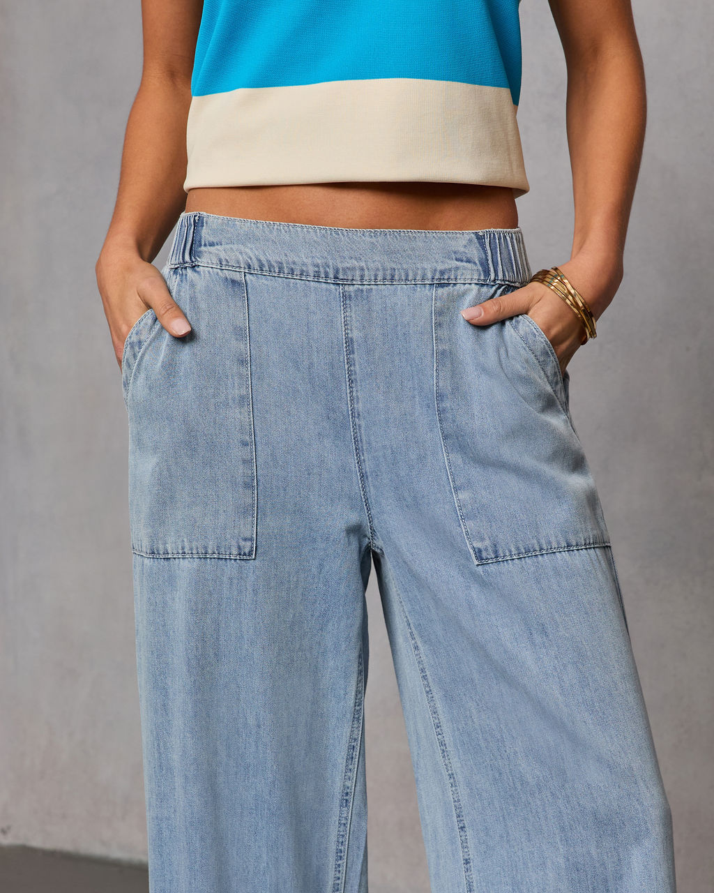 Bobi Relaxed Mid Rise Elastic Waistband Pull On Jeans