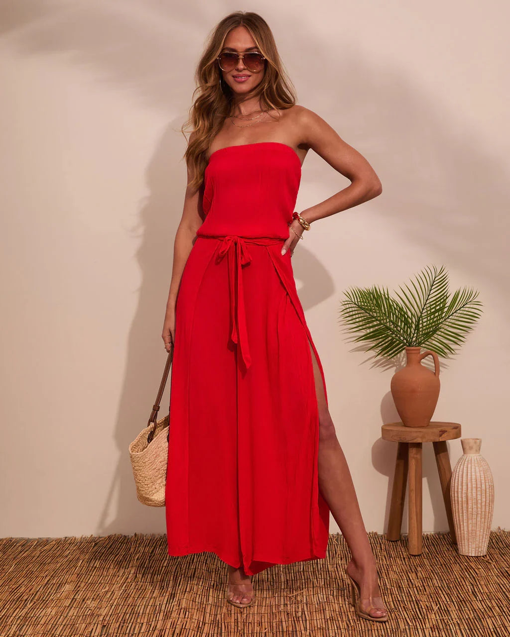 Coasting By Strapless Waist Tie Jumpsuit