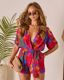 Beachside Blossom Abstract Waist Tie Romper