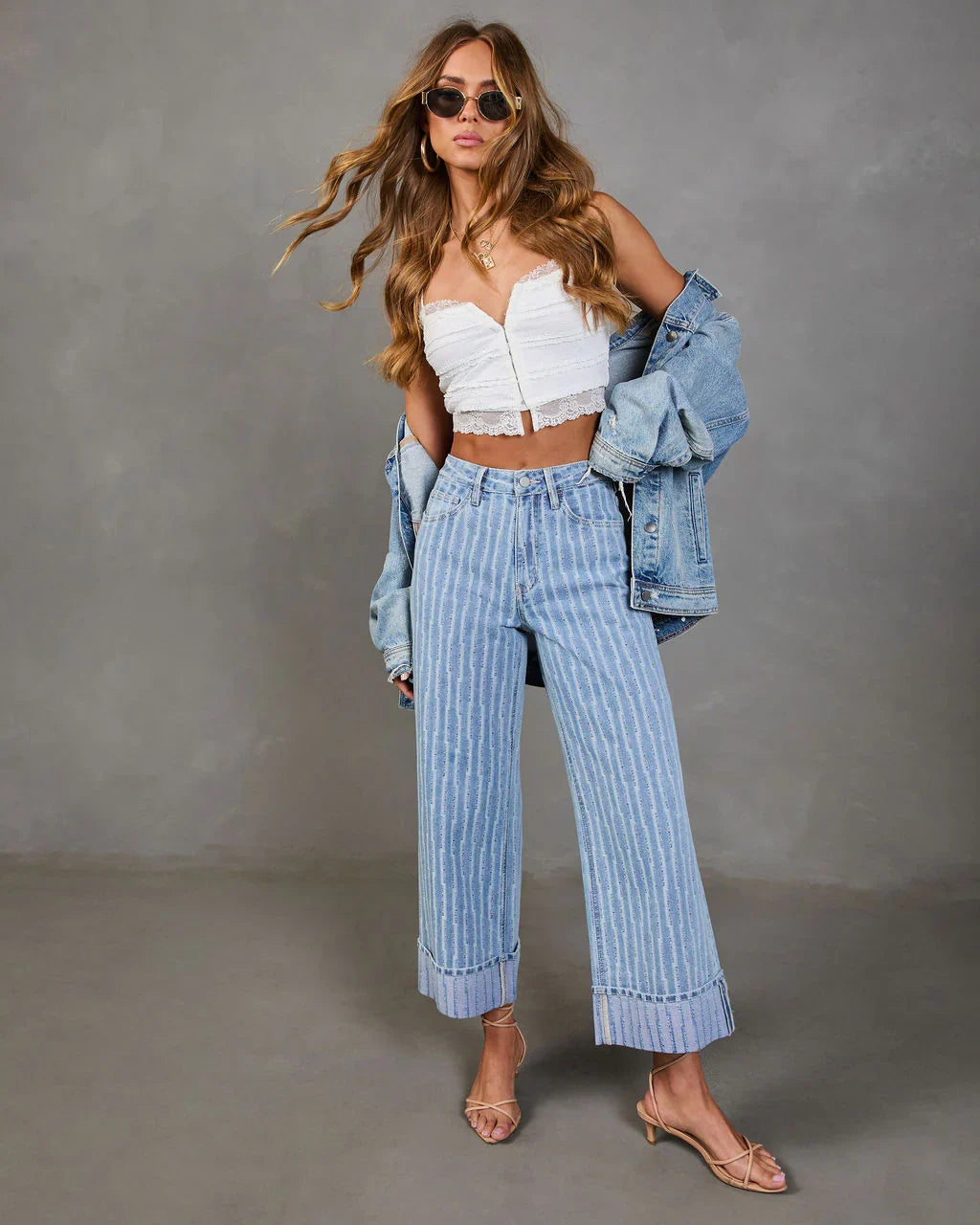 Calyra Stretch Cuffed Wide Leg High Rise Abstract Jeans