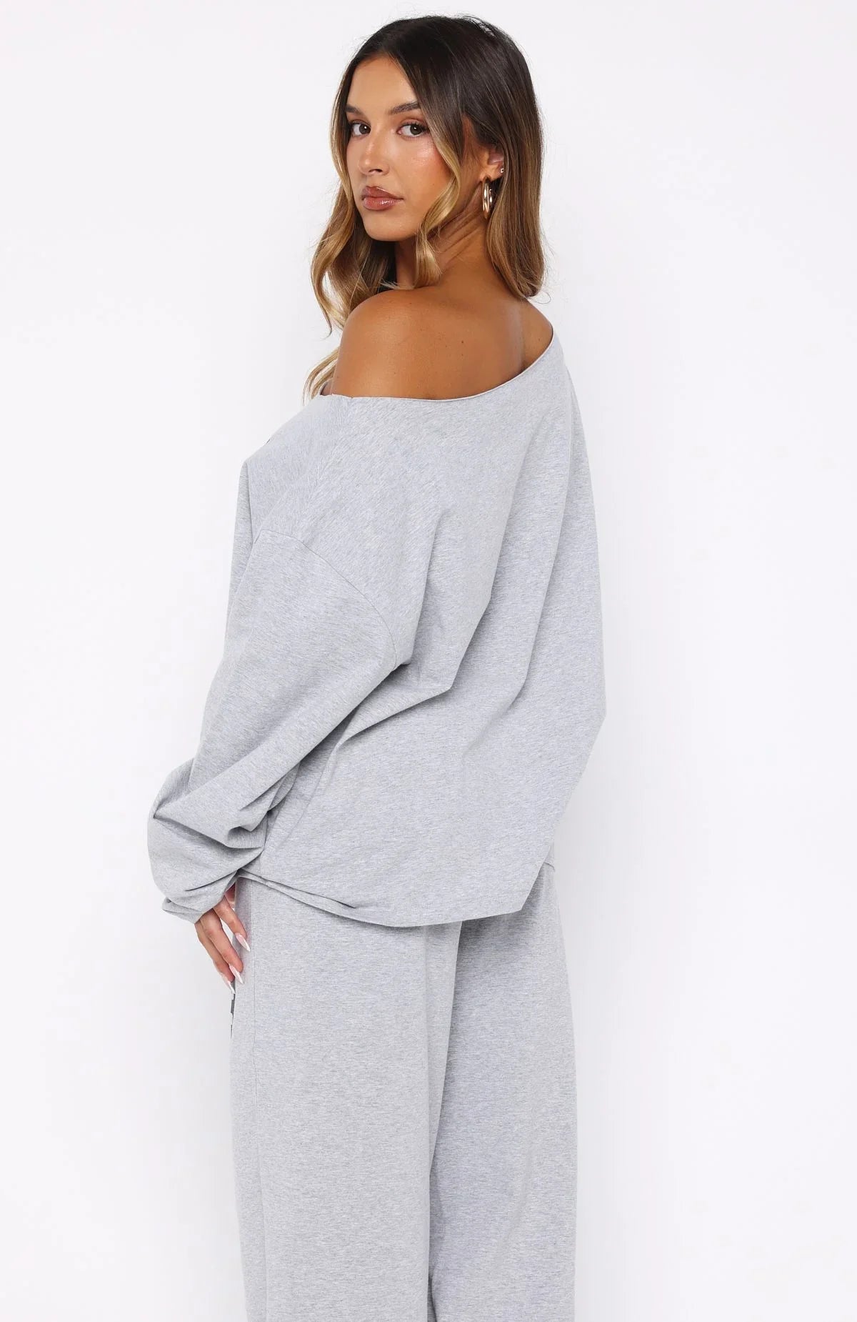 Only One Left Off Shoulder Oversized Long Sleeve Tee Grey Marle
