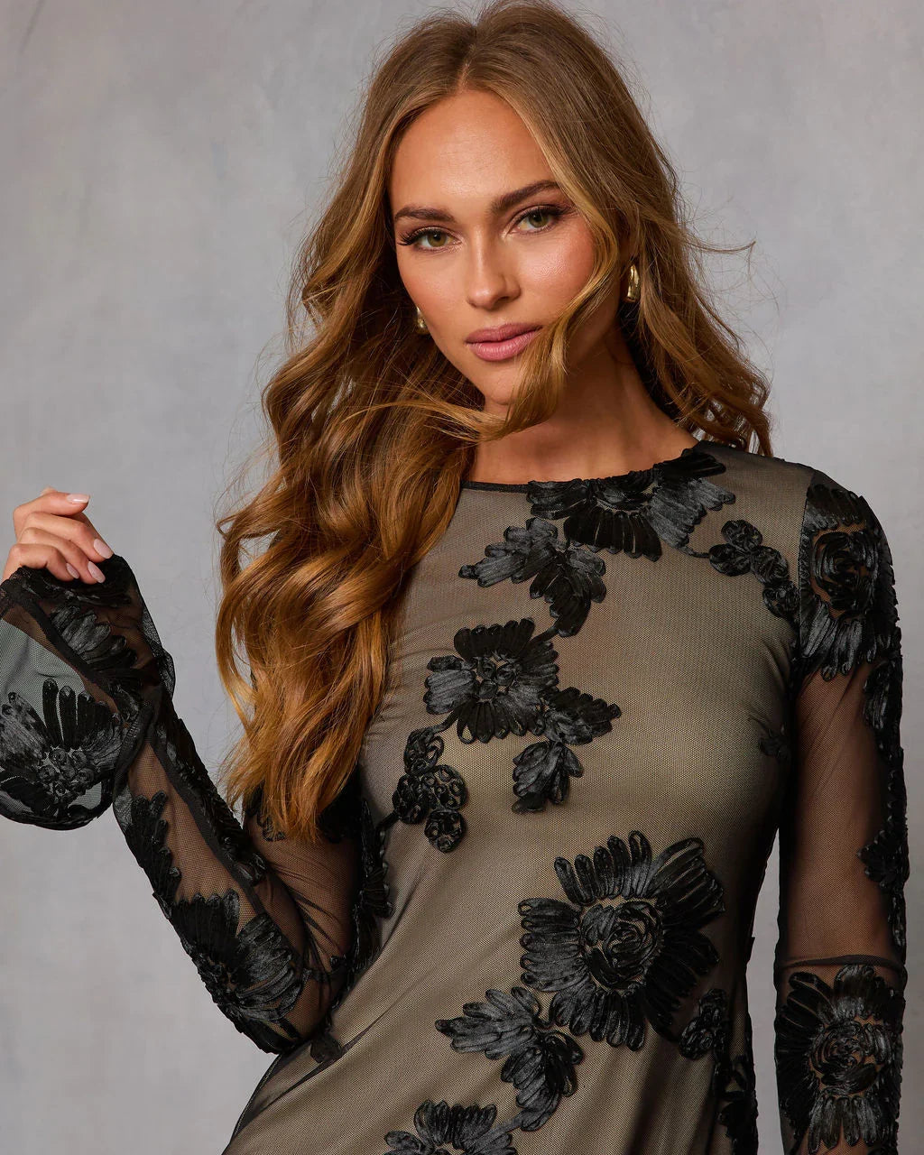 Misty Bloom Embroidered Floral Mesh Mini Dress
