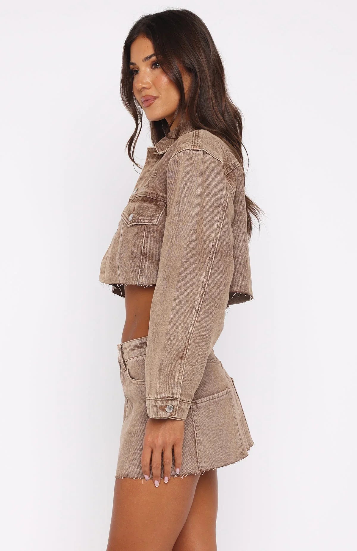 Something To Prove Denim Mini Skirt Tan Wash
