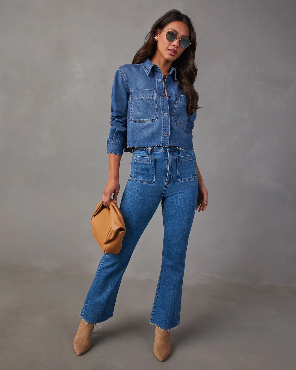 Jamie Cropped Denim Button Down Top