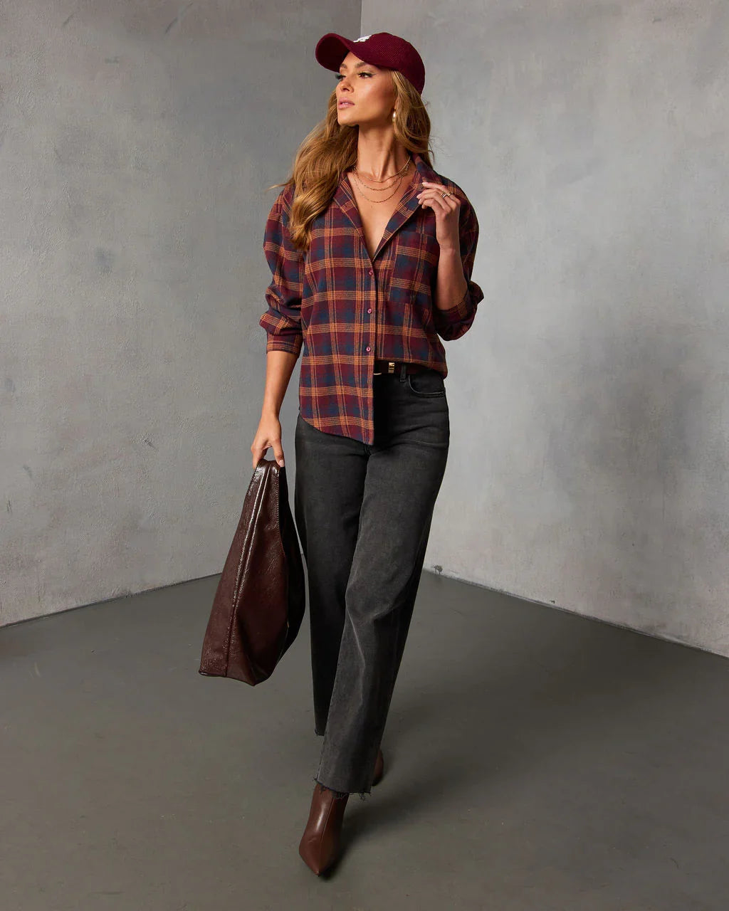 Toasted Maple Plaid Button Down Top