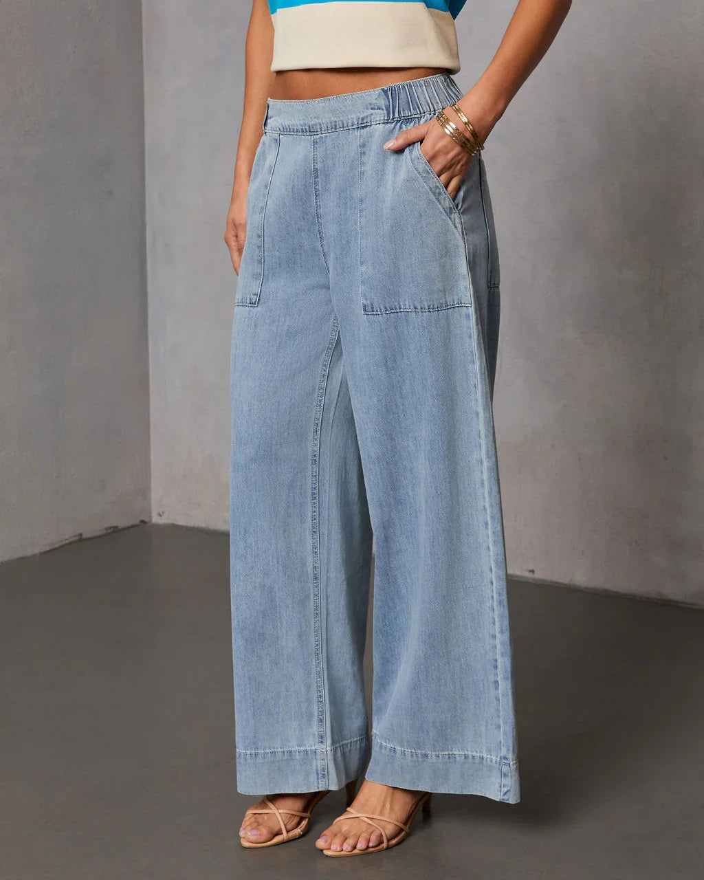 Bobi Relaxed Mid Rise Elastic Waistband Pull On Jeans