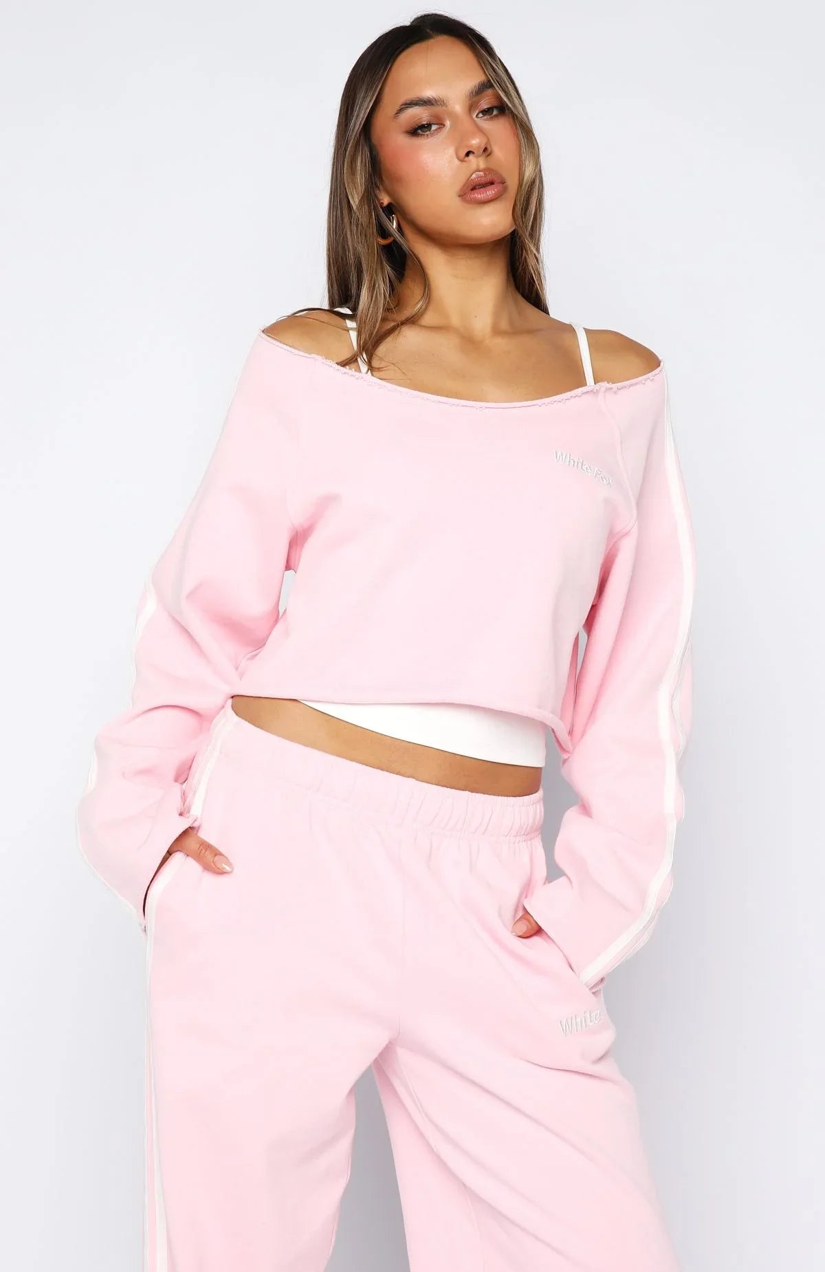 Star Student Cropped Off Shoulder Sweater Pink