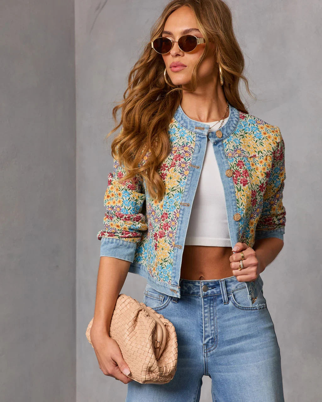 Painted Petal Floral Denim Trim Jacket