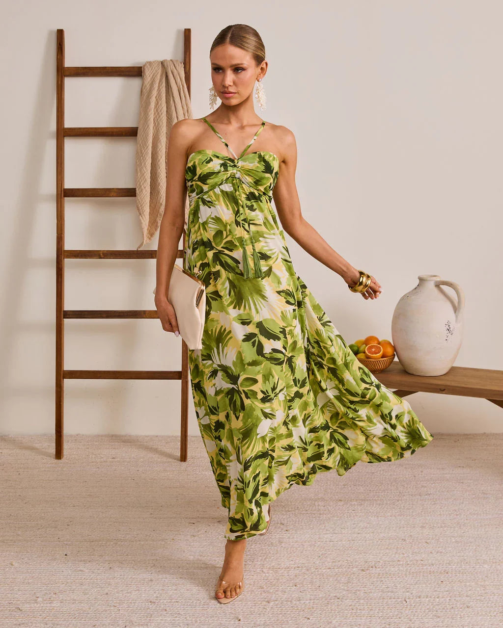 Palmline Coast Tropical Halter Maxi Dress