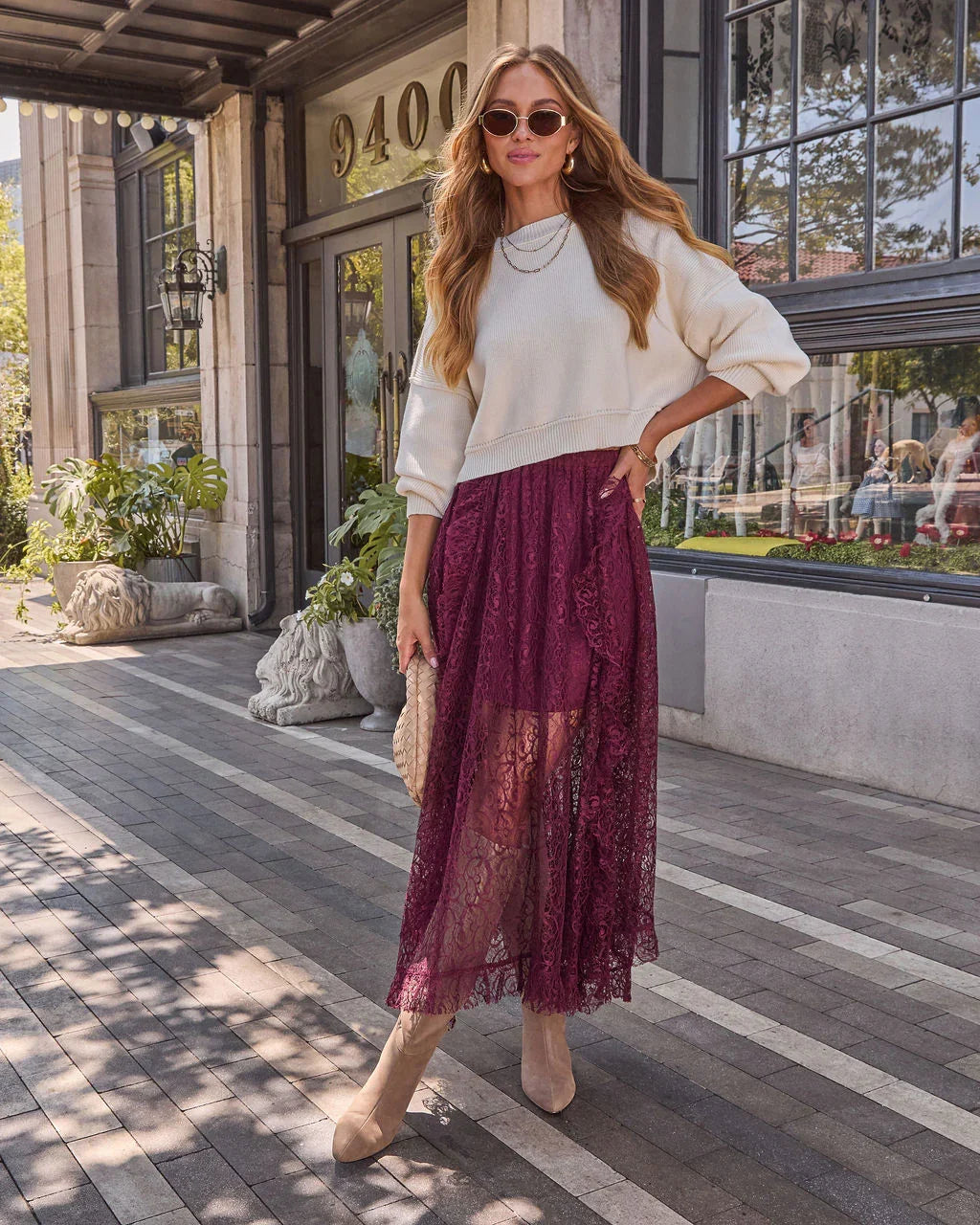 Mulled Wine Lace Midi Skirt